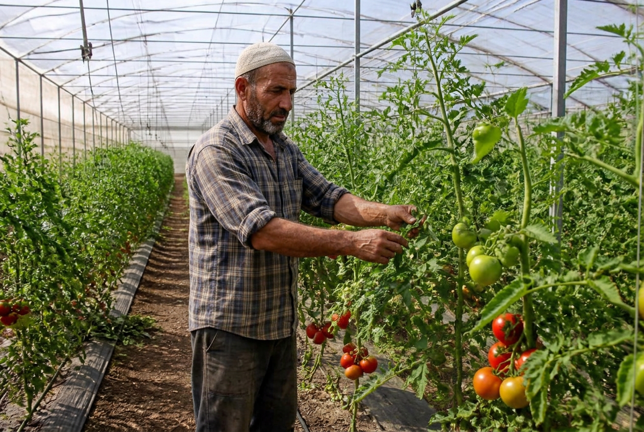 Syrian farmer tending tomato vines inside a greenhouse