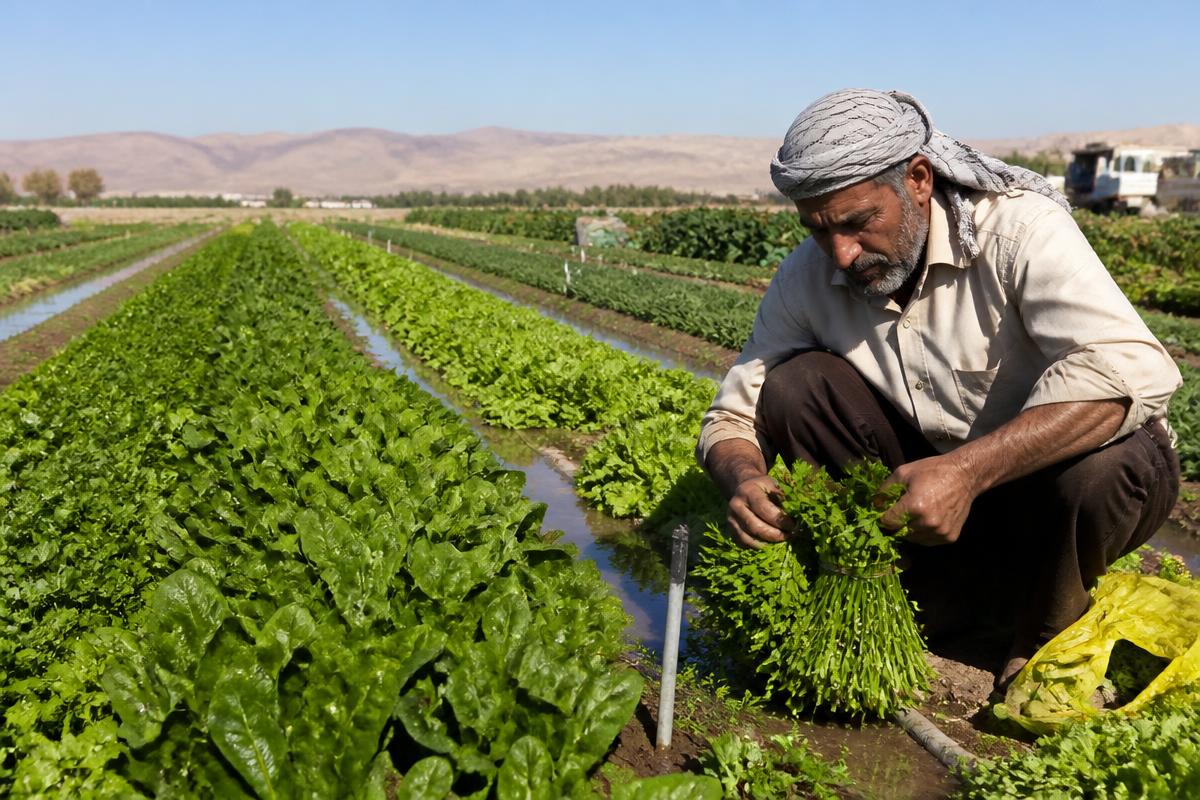 Farmer bundling fresh leafy greens in an irrigated vegetable plot