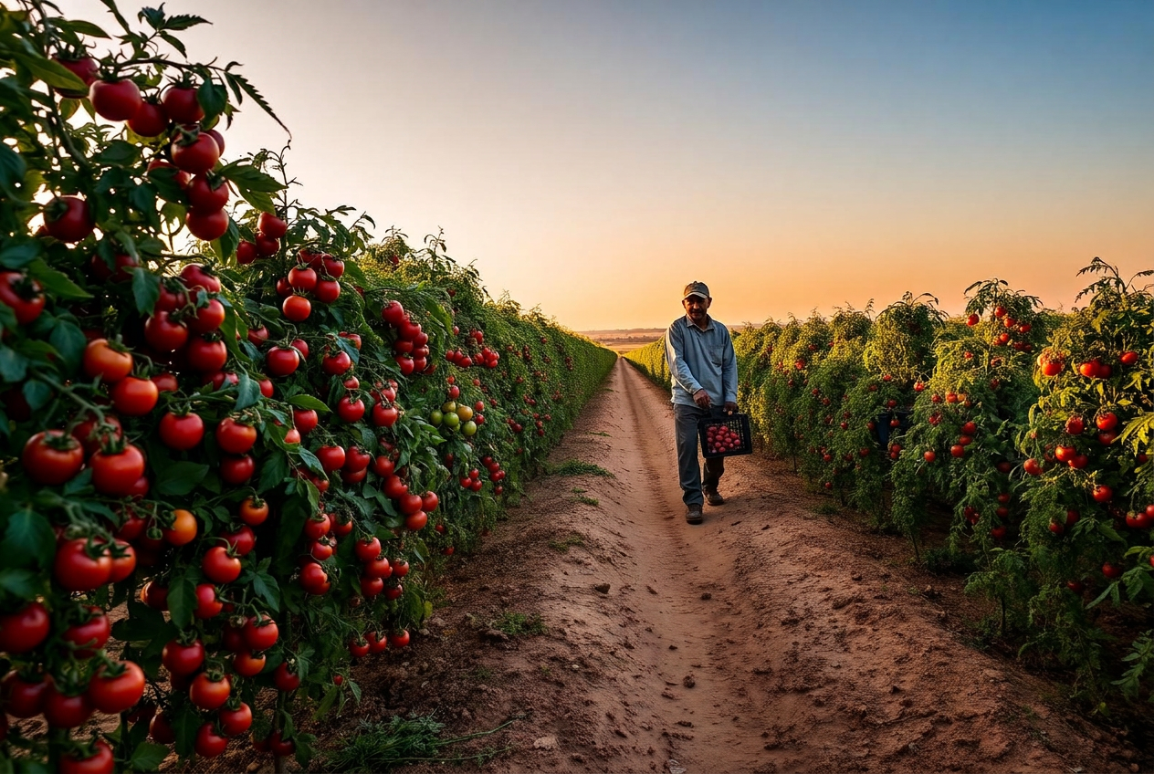 Farm workers harvesting ripe tomatoes into crates in an open field