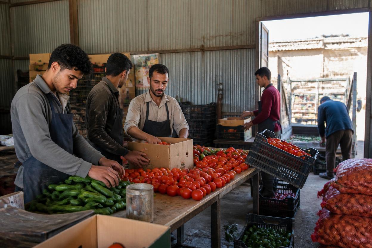 Agricultural produce being packed into crates and boxes for transport and market