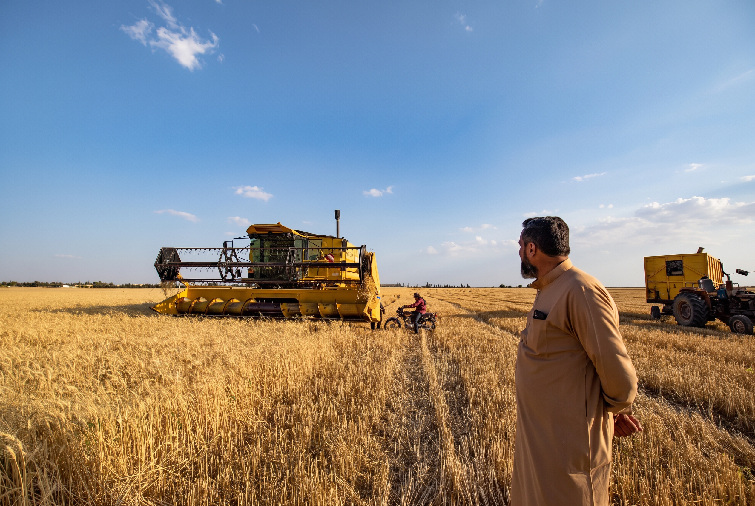 Farmer watching a combine harvester cut wheat in a Syrian field